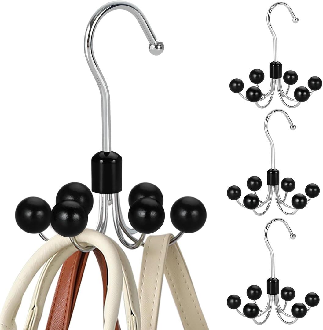TOPIA HANGER Hoodie Hangers 4-Pack with 6 Wood Balls, 360Swivel Purse Hanger, Scarf Hanger, Closet Hooks, Handbag Organizer, Bra Hanger, Accessory Organizers for Scarf, Tanktop, Hat, Hoodie CT57B (Black)