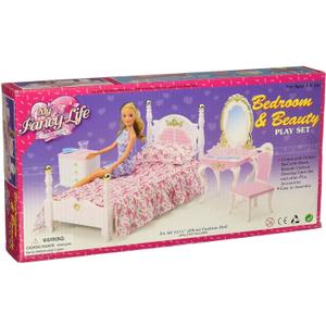 My Fancy Life Dollhouse Furniture Set, Bedroom and Beauty Play Set, White and Pink with Floral Bedding