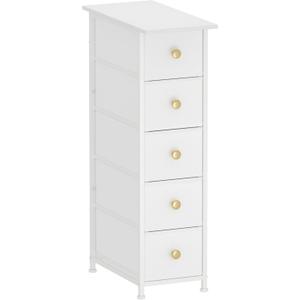 GiftGo Narrow Dresser Cabinet Vertical Slim Dresser Chest of Drawers Skinny Storage Tower for Small Spaces Gaps Closet Bedroom Bathroom Small Fabric Drawer Unit (White, 5 Drawers)