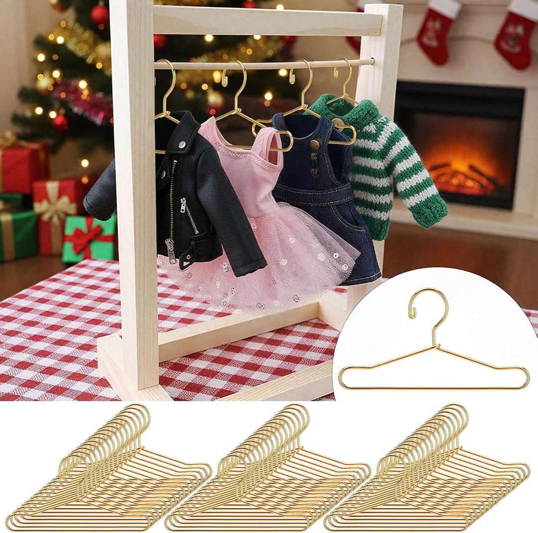 Jenaai 50 Pcs Doll Clothes Hanger 2.56 in Metal Gold Doll Outfit Hanger Mini Clothes Hangers for Wardrobe, Dresses, Skirts, and Accessories