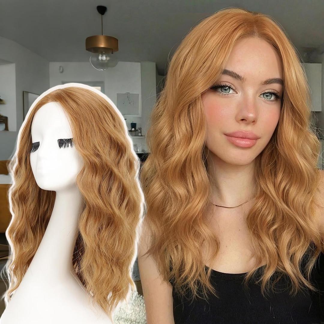 AISI HAIR Beginner Friendly Wigs Honey Blonde Wig for Women Medium Length Wave Curly Glueless Synthetic Heat Resistant Hair Wigs for Daily Party Cosplay (18 Inch)