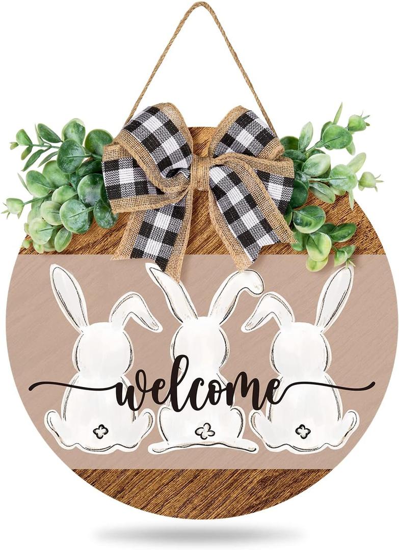 Whaline Easter Wooden Hanging Sign Bunny Rabbit Welcome Sign Door Decoration with Bow Rustic Easter Wood Wreath Sign for Spring Holiday Home Coffee Shop Bakery Farmhouse Window
