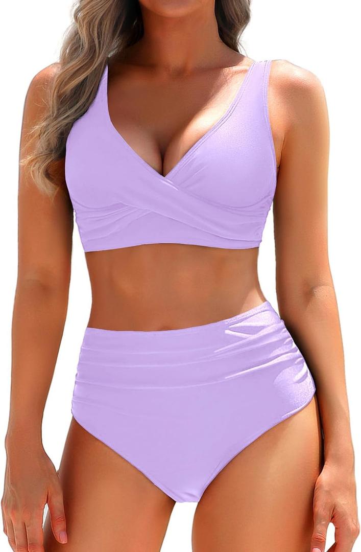 Yonique Women's Two Piece High Waisted Bikini Set Tummy Control Swimsuit Full Coverage Bathing Suit (XX-Large, Light Purple)