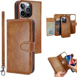 Case Wallet for iPhone 14 Pro Wallet Case, 6.1 Inch Magnetic Detachable Leather Flip Case Card Holders, iPhone 14 Pro RFID Blocking Phone Cover, Brown