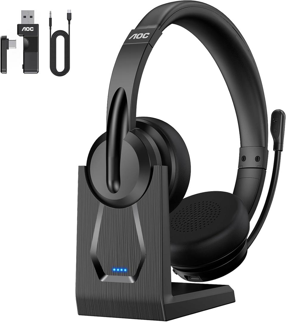 AOC Wireless Headset with Mic for Work, Bluetooth 5.4 Wireless Headset with AI Noise Canceling Mics, USB A/C Dongle, Charging Base & Mic Mute, Wireless Headphones with Mic for Laptop, PC (Black)
