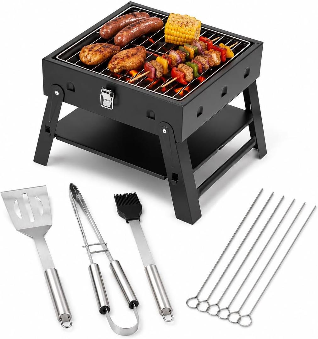 Small Portable BBQ Charcoal Grill: Mini Foldable Table Top Barbecue Grills | with Stainless Steel BBQ Grilling Tool Set, Fathers Day Birthday Grilling Gift for Men Dad Husband, Small 