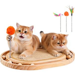 Cat Scratch Pad with Ball Track and Spring Toy, Wooden Cat Scratcher with Sisal Scratching Mat, Ball Track System and 3 Replacement Toy for Cats Scratching,Chasing and Playing (Nature Wood)