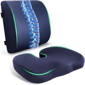 Charcoal Memory Foam Seat Cushion & Adjustable Lumbar Pillow Set - Back Support for Pain Relief (Sciatica, Tailbone),Washable & Non-Slip, Multipurpose for Office, Car, Wheelchair - Navy Blue, 2Pcs