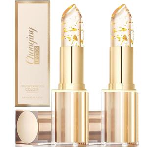 2Pcs Transferproof Color Changing Lipstick,Gold Crystal Color Changing Lipstick,Long Lasting 24 Hours Moisturizing Glossy Shine Lip Gloss for Women