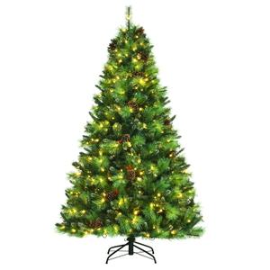 7ft Pre-lit Hinged Artificial Christmas Tree w/Pine Cones & Red Berries