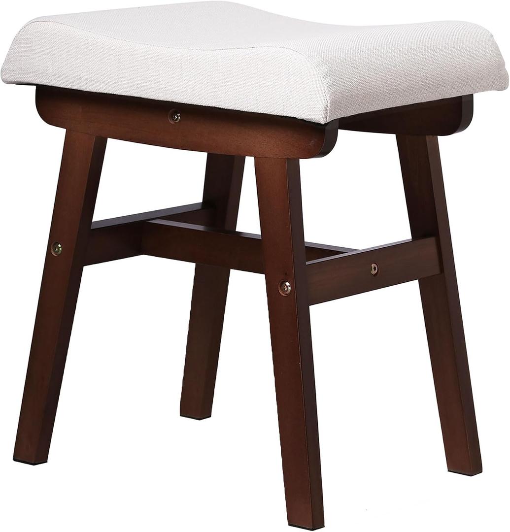 Wood Vanity Stool Chair, 17.7 Inch Compact Makeup Chairs with Saddle Cushion, Linen-Covered High Rebound Sponge Seat, Easy Assembly Footstool for Bedroom, Entryway, Home, Walnut Ottomans
