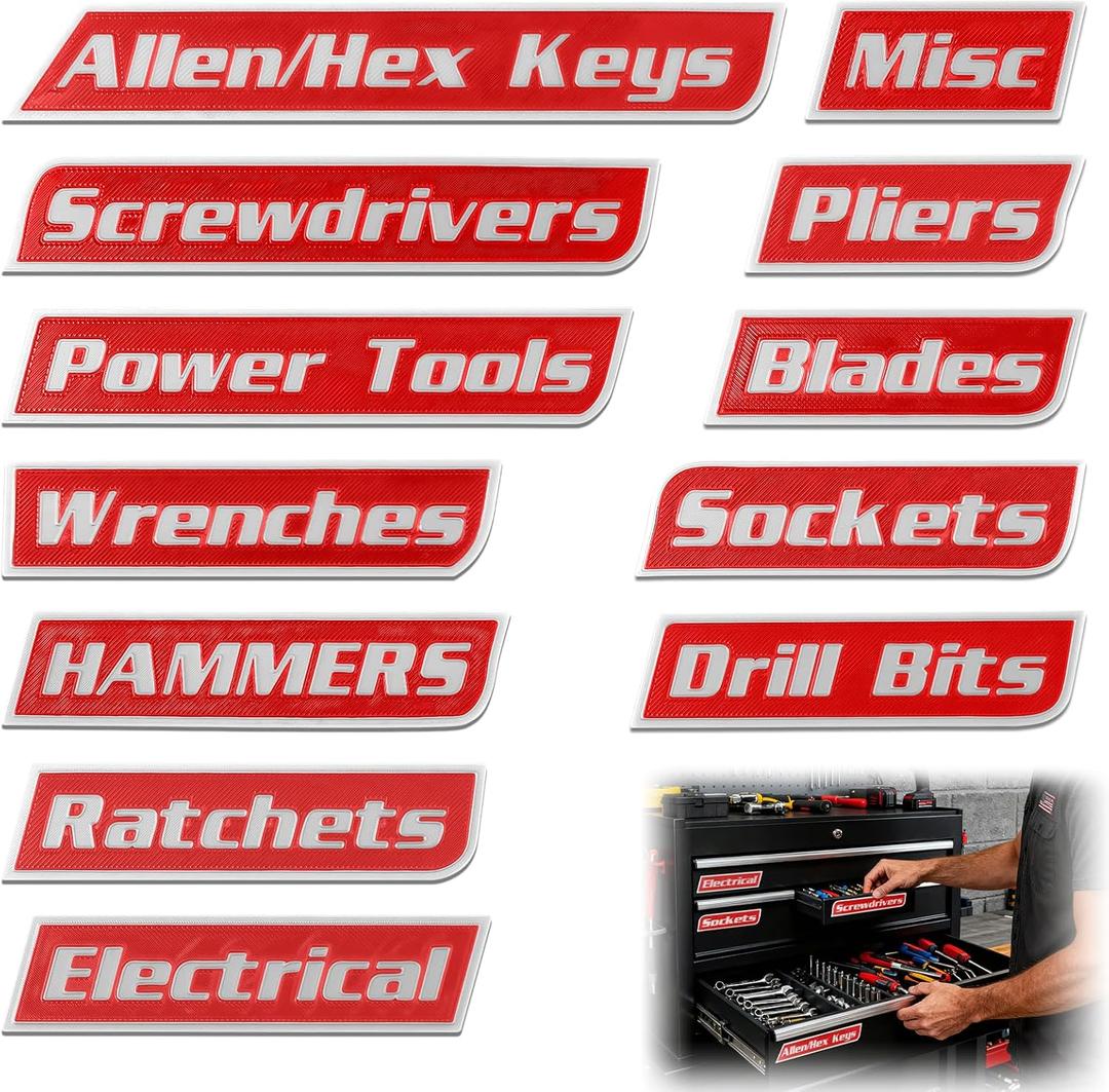 12 PCS Magnetic Tool Box Labels, Toolbox Labels Magnetic, General Tool Box Organize Accessories, Reusable Tags for Steel Toolboxes, Carts, Drawers, Cabinets & Workshop Storage (Red)