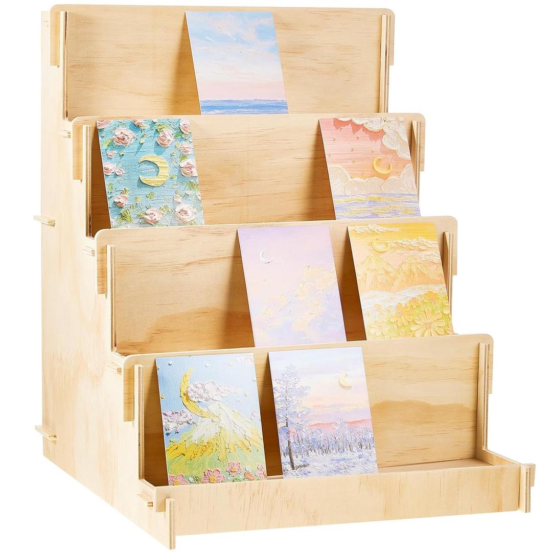 Barydat Wooden Card Display Stand Stationary Organizer Sticker Stand for Vendor Crafts Greeting Card Organizer Rack Retail Display Holder(14.57 x 14.96 x 20.47 Inch (4 Tier),Wood)