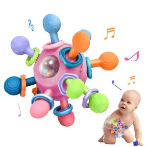 Baby Montessori Teething Toys for 0-6 6-12 Months Infant Teethers Sensory Toys for Babies 0 3 6 9 12 18 Months Newborn Learning Developmental Chew Rattle Toys Shower Gifts for 1 2 Year Old Girls Boys (Dark pink)