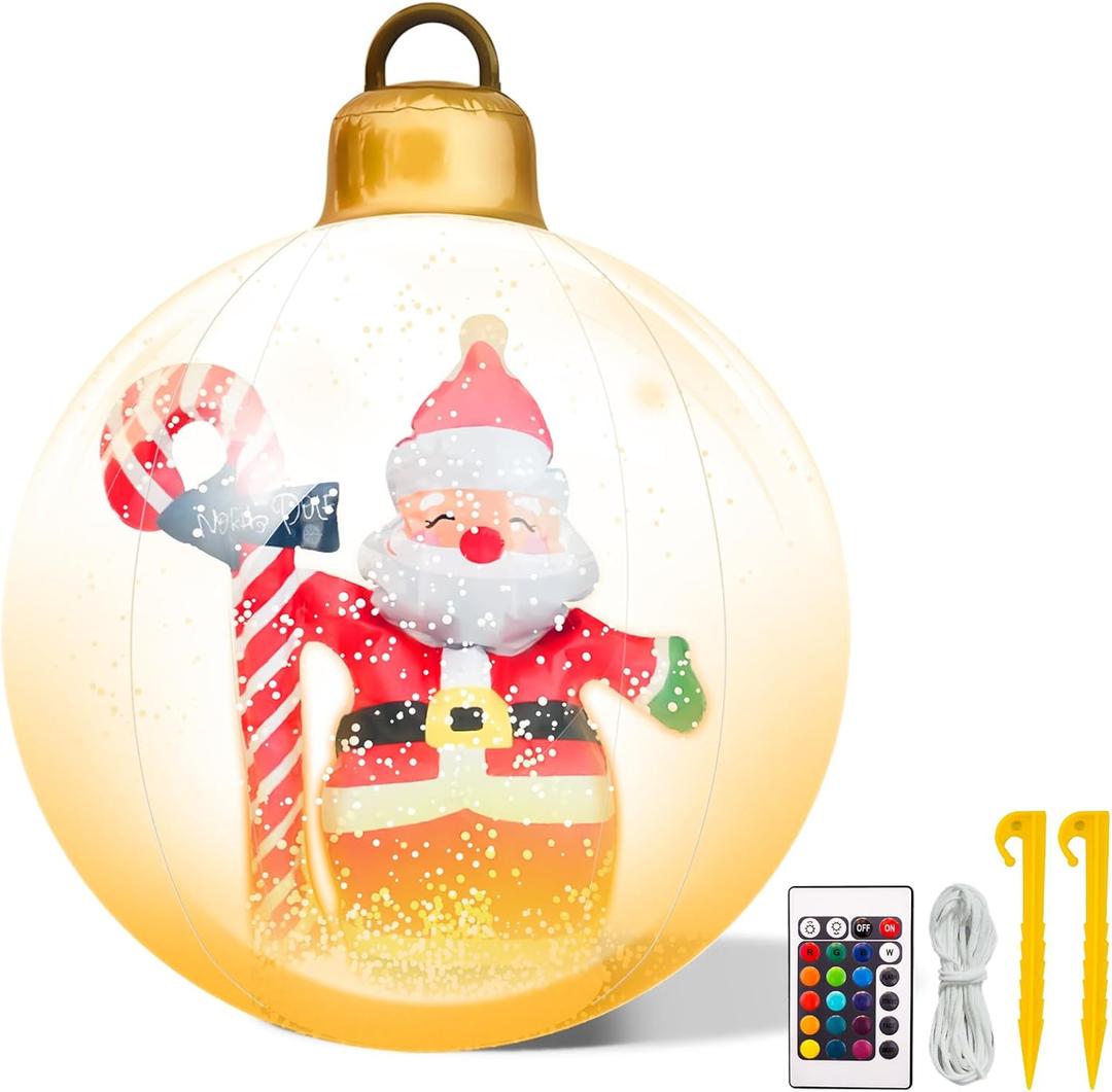 Christmas Inflatable Outdoor Decoration Ball, Giant 24 Inch Santa Claus Large Inflatable Ornaments with LED Light, Christmas Xmas Blow Up Ball for Yard Lawn Porch Tree Holiday Decor