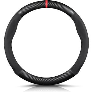 Ergocar Round Shape Carbon Fiber & Microfiber PU Leather Steering Wheel Cover Anti-Slip Car Steering Wheel Protector Breathable Sweat Absorbent Sport for Diameter 38cm15"-Black Red