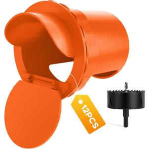 Chicken Feeder Port 12 Pack - No Waste DIY Poultry Feeding Kit with Stopper Lid & Hole Saw, Reusable Rain Proof Automatic Coop Gravity Feeder for Hens Ducks Geese (Orange)