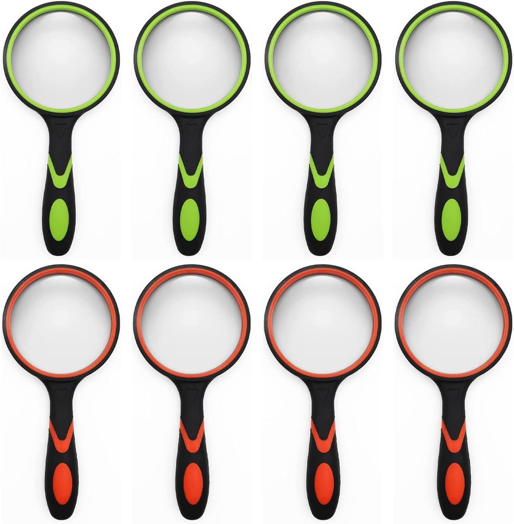 8 Pack 8X Handheld Magnifying Glass Reading Magnifier for Seniors and Kids, 50mm Magnifying Glass Lens with Non-Slip Rubber Handle for Reading Hobbies and Science