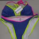 TASHEHE Women's Colorful String Bikini Set Sexy Triangle Two Piece Neon Bikini Swimsuit Color Block Halter Bathing Suit (Medium, 424 / Navy Blue)
