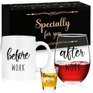 Futtumy Before Work After Work Gift Set 11 Oz Coffee Mug 17 Oz Stemless Wine Glass 2 Oz Shot Glass Set for Boss Coworker Manger Leader Employee, Office Gifts Bosses Day Gifts Christmas Gift for Women