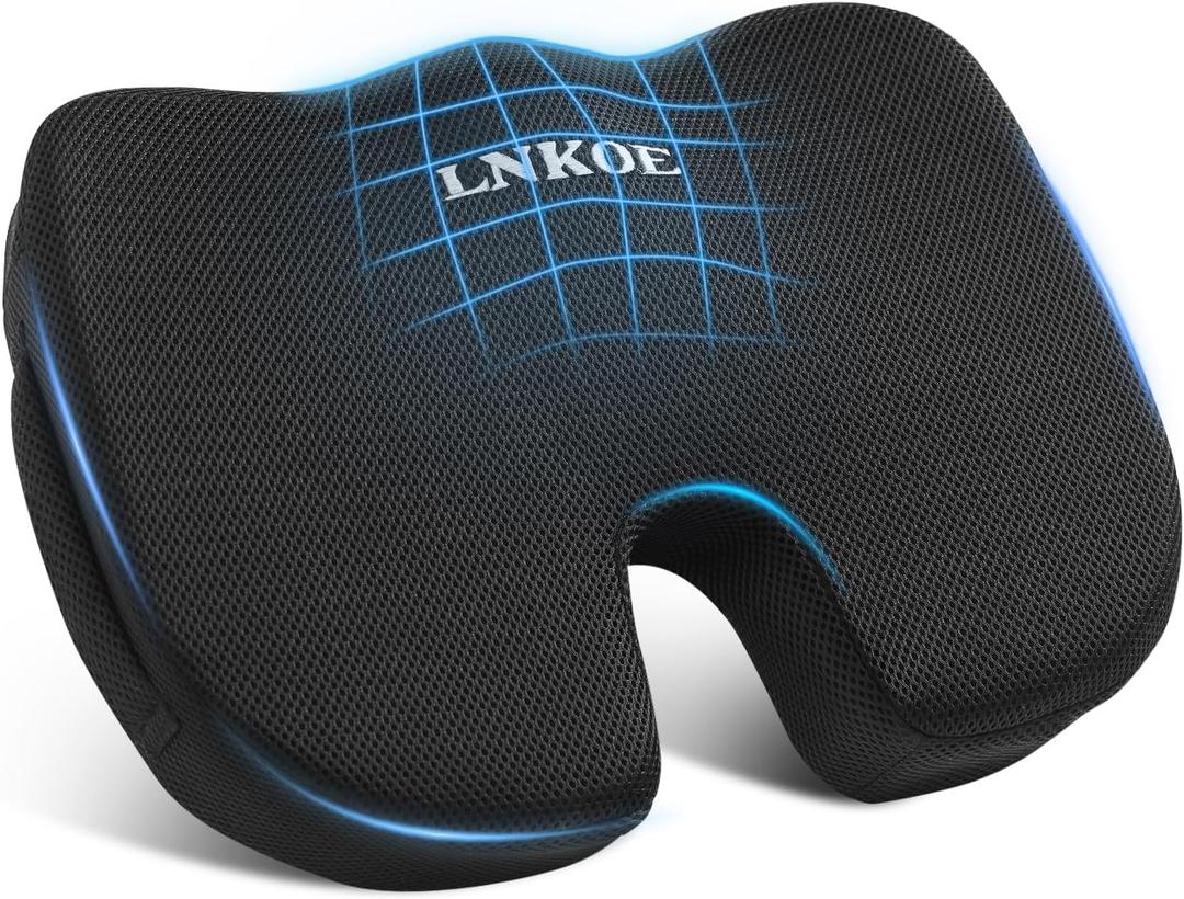 LNKOE Seat Cushion Memory Foam Cushion for Office Chair, Car Seat, Airplane, Bleacher - Sciatica & Hip & Coccyx Pain Relief Desk Chair Cushion for Long Sitting Office Workers, Car Drivers (Black)