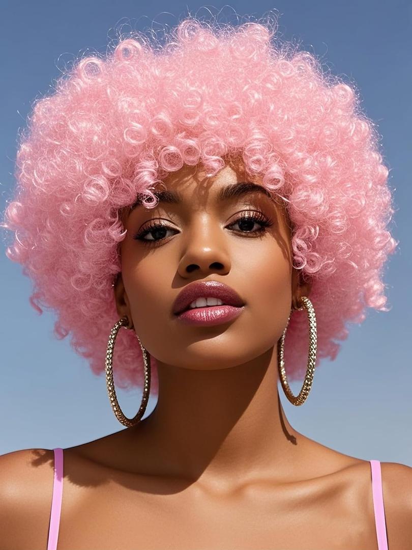 GKtineke Pink Afro Wigs for Black Women 8 Inch 70s Disco Afro Wig Puff Fluffy Kinky Curly Wigs for Halloween Party Use(Pink)