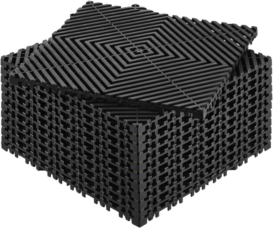 VEVOR Interlocking Drainage Mat, 12 x 12 Modular Interlocking Cushion, 12 Pcs Splicing Drainage Mats, Non-Slip PP Drainage Floor Tile and Shower Mat, for Garage, Garden, Kitchen & Outdoor, Black