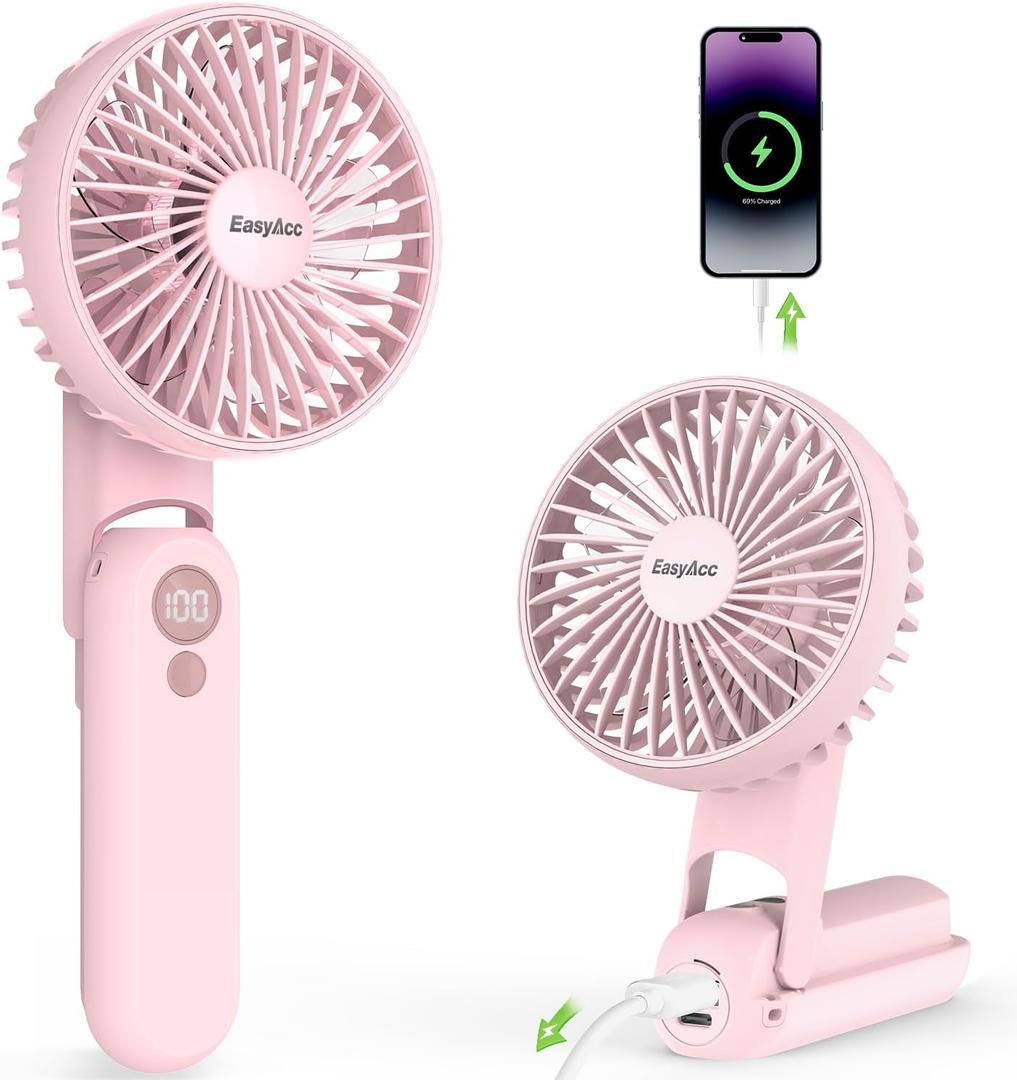 EasyAcc 3 IN 1 Hand Fan,Portable Fan for Travel,5000 Battery Handhedl Fan [Ultra Quiet Powerful]-5 Speeds/Backup Power/SOS Light/Digital Display/Lanyard- for Travel/Cruise/Summer/Concerts/Lash Pink