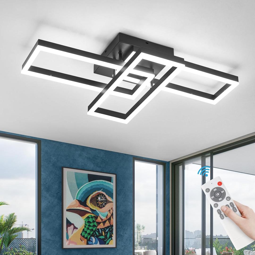 Modern Led Ceiling Light Fixtures, Black Flush Mount 3-Square Ceiling Light with Remote Control&APP, Dimmable, 40W Acrylic for Bedroom, Kitchen, Dining Room