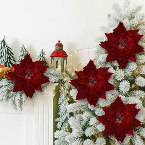 16 Pcs 9.8in Christmas Poinsettia Decorations Artificial Velvet Flowers Christmas Glitter Poinsettia Flower Picks with Stems for Xmas Tree Ornament DIY Wreath Xmas Party Supplies (Red)