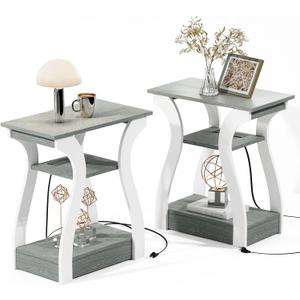 FROMJBEST End Tables Living Room Set of 2,Grey End Table with Charging Station,Grey Side Table, Nightstand for Bedroom, 3 Tier End Table with Storage Shelf for Living Room