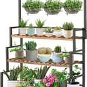 ULIKE 3-Tier Plant Stand with Hanging Bar for Indoor Outdoor Patio, Carbonized Pine Wood and Metal Frame Display Shelf, 52 Inch Tall Vertical Plant Rack for Balcony Garden Living Room