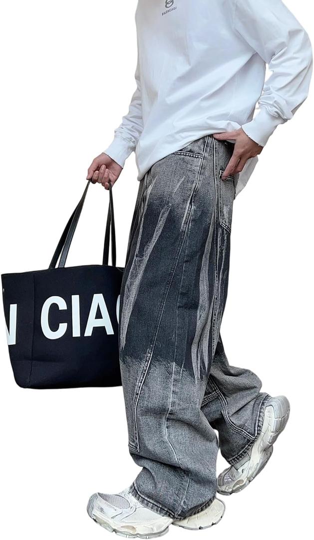 Hip Hop Baggy Jeans for Men Stylish Wide Leg Skater Jeans Loose Fit Denim Pants Streetwear (Small, A30 Black) Hip Hop Baggy Jeans for Men Stylish Wide Leg Skater Jeans Loose Fit Denim Pants Streetwear (Small, A30 Black)