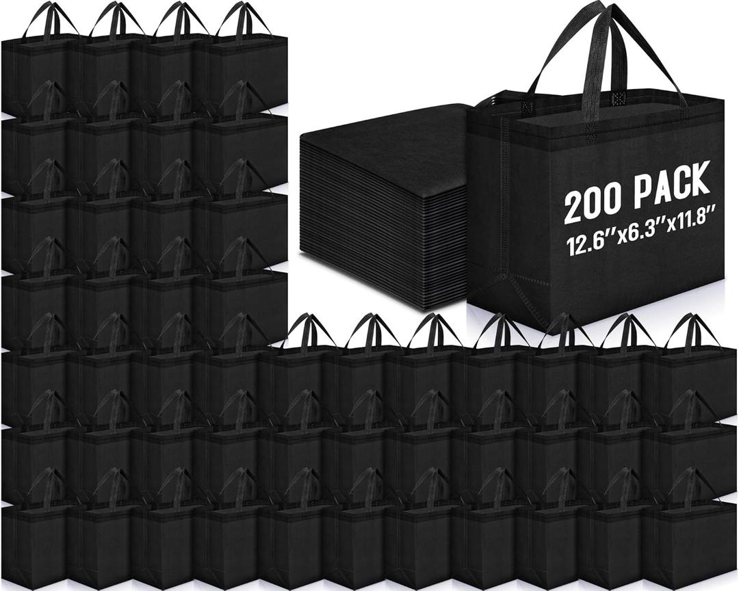 Windyun Reusable Grocery Bags Large Non Woven Shopping Bags with Handles Foldable Portable Tote Bulk, 12.6 x 11.8 x 6.3 Inch (Black)