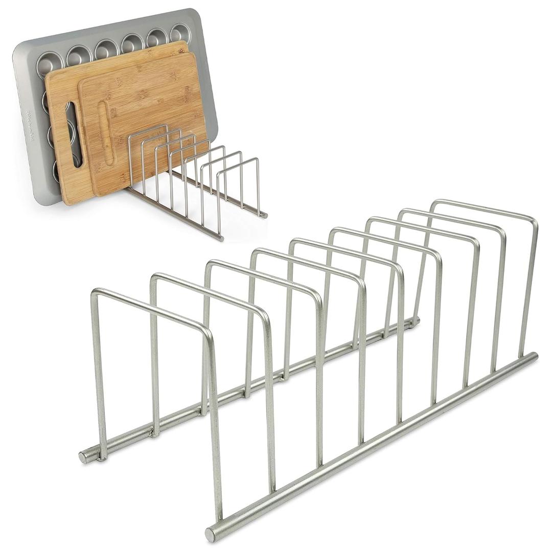 Spectrum Euro Kitchen Organizer Metal Dish Rack Cutting Board Holder Stand for Countertop or Inside Cabinet Organization, 8 Slot Cutting Board Plate Drying Rack for Bakeware Storage, Satin Nickel (1 Count)
