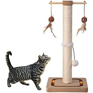 PEEKAB Cat Scratching Post Premium Sisal Scratch Posts with Tracking Interactive Toys Vertical Scratcher for Indoor Cats and Kittens- 25 inches Beige