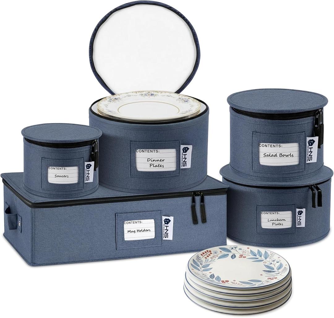 China Storage Hard Shell Containers 5-Piece Set Moving Boxes for Dinnerware, Glasses, Plates, Mugs and Saucers Sturdy Dish Organizer with Dividers for Seasonal Storage - Service for 12 - Denim Blue