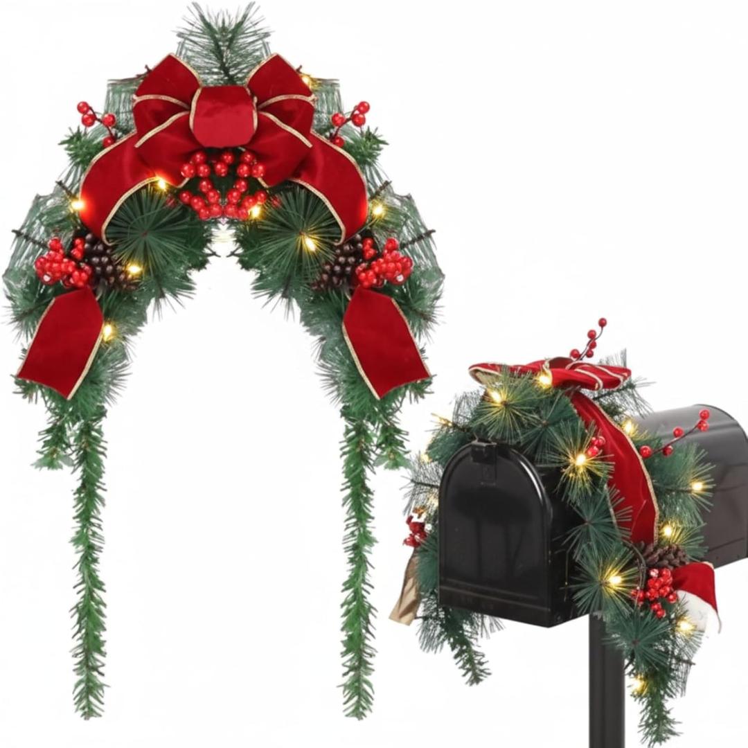 36 Inch Christmas Mailbox Swag Decoration with Light Outdoor Accented with Deep Red Ribbon Bow, Red Berry, Pine Cones, and 2m Soft White LED Light for Xmas Holiday Mantel Home Decor