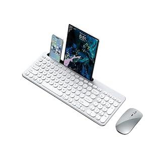 Wireless Keyboard and Mouse Combo with Phone Tablet Holder, Rechargeable Dual-Mode (Bluetooth 5.0 and 3.0 +2.4G) Multi-Device Silent Mouse for Windows, iPad, Tablet, MacOS,iOS,Android (Silver White)