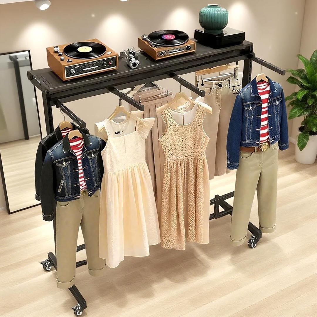 VITNSVILE Black Clothing Racks with Removable 6/8 Arms Floor Standing Metal Garment Rack with Wheels Heavy Retail Display Racks Shirt Clothes Display Stand for Boutiques (59 * 19.6 * 61.02in)