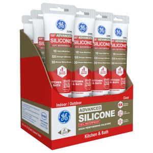 GE Advanced Silicone Caulk for Kitchen & Bathroom, Clear, 2.8 fl oz Tube, 12 Pack - 100% Waterproof Silicone Sealant, 5X Stronger Adhesion, Shrink & Crack Proof, Use By 09/26
