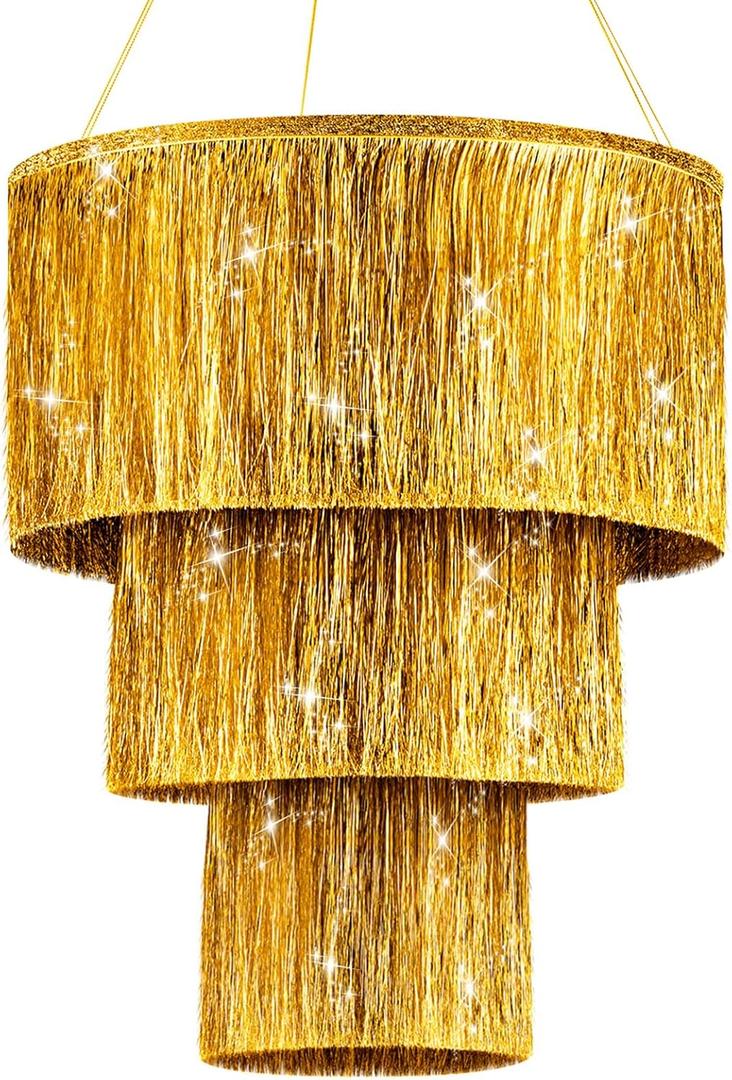 Rossesay 1 Piece Gold 3 Tier Fringe Tinsel Chandelier Fringe Chandelier Decoration Birthday Bachelorette Party Decoration Iridescent Foil Shimmering for Graduation Prom Party Decor 2026