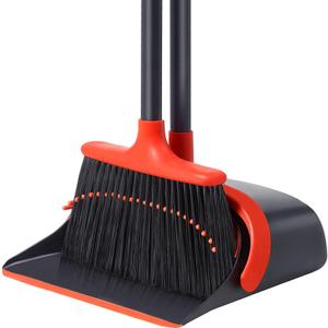 Broom with Dustpan Combo Set, Broom and Dustpan Set with Optional Extension Pole, Brooms and Dustpans with Built-in Teeth for Home Lobby Office, Foldable Storage Standing Dust Pan and Brush Set (Red)