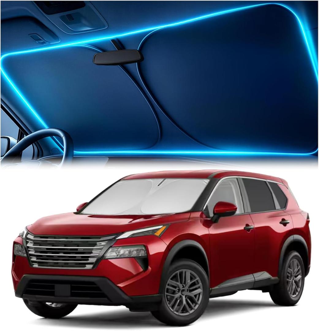 Windshield Sun Shade for Nissan Rogue 2021 2022 2023 2024 2025 2026 – Custom Fit Sun Shield with Mirror Cut‑Out, Blocks Heat & UV, Foldable with Storage Pouch - Nissan Rogue Windshield Sunshade