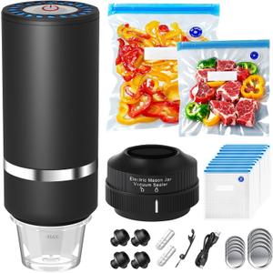 Handheld Vacuum Sealer for Food,Mason Jar Vacuum Sealer + 4Wine Vacuum Stopper +10 Reusable Vacuum Bags,Mini Small Vacuum Sealer Bags for Home,Kitchen,Travel,Fridge Meal Prep,Camping - Black