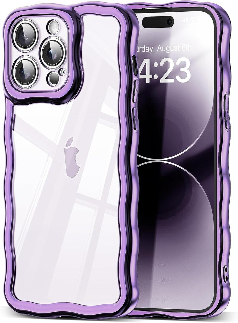 SKYLMW Compatible with iPhone 14 Pro Max Case, Kawaii Cute Curly Wave Frame Luxury Plating Edge, Stylish Glossy Clear Back, Soft TPU Shockproof Protective Cases for iPhone 14 Pro Max, Purple