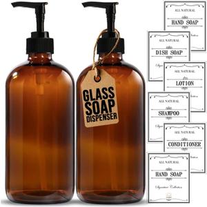Sunrise Premium, 16 OZ Thick Amber Glass Soap Dispenser with Pump 2 Pack, Hand and Dish Soap Dispenser Set for Bathroom with 6 Waterproof Labels