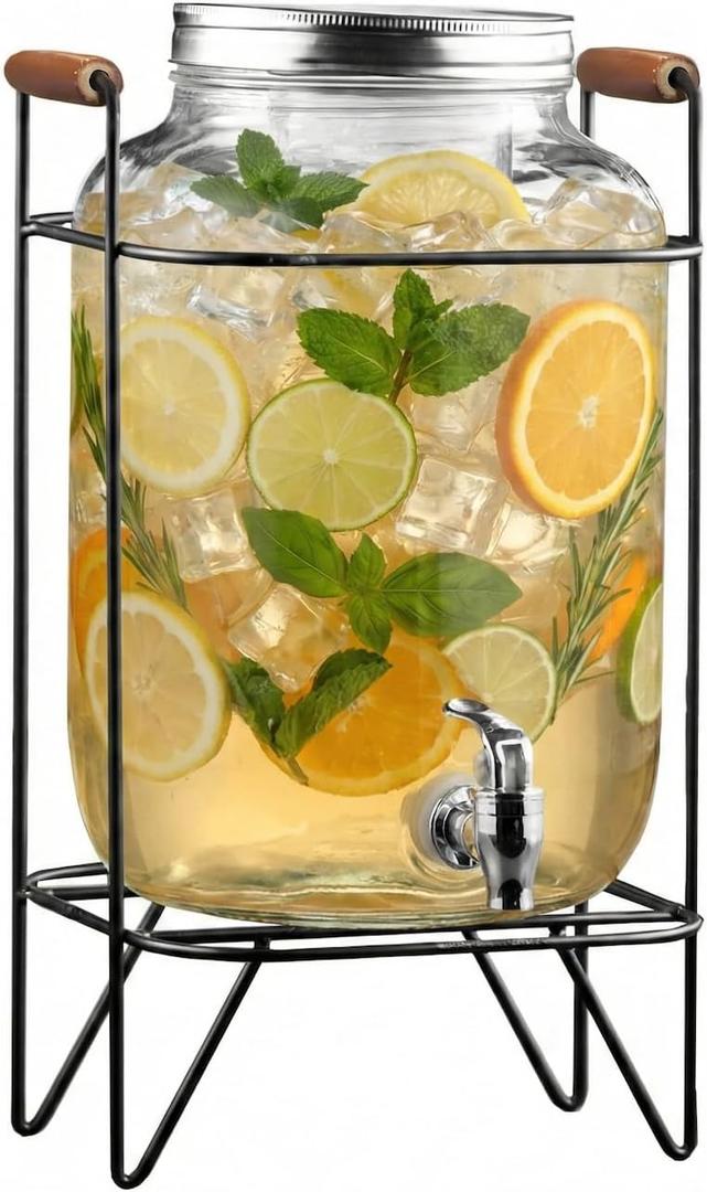 Style Setter Beverage Dispenser Cold Drink Dispenser w/ 2-Gallon Capacity Glass Jug, Metal Stand & Leak-Proof Acrylic Spigot, Metal Lid, Great for Parties, Weddings & More