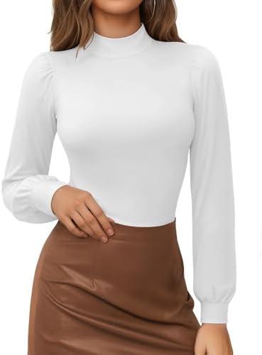 MANGOPOP Mock Neck Puff Sleeve Bodysuit Turtleneck Loose Lantern Long Sleeve Body Suit for Women for Going Out, Size M