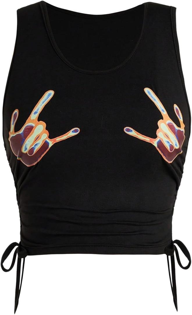 SHENHE Women's Summer Ruched Sleeveless Hands Print Crewneck Drawstring Tank Crop Tops (Black, XS)